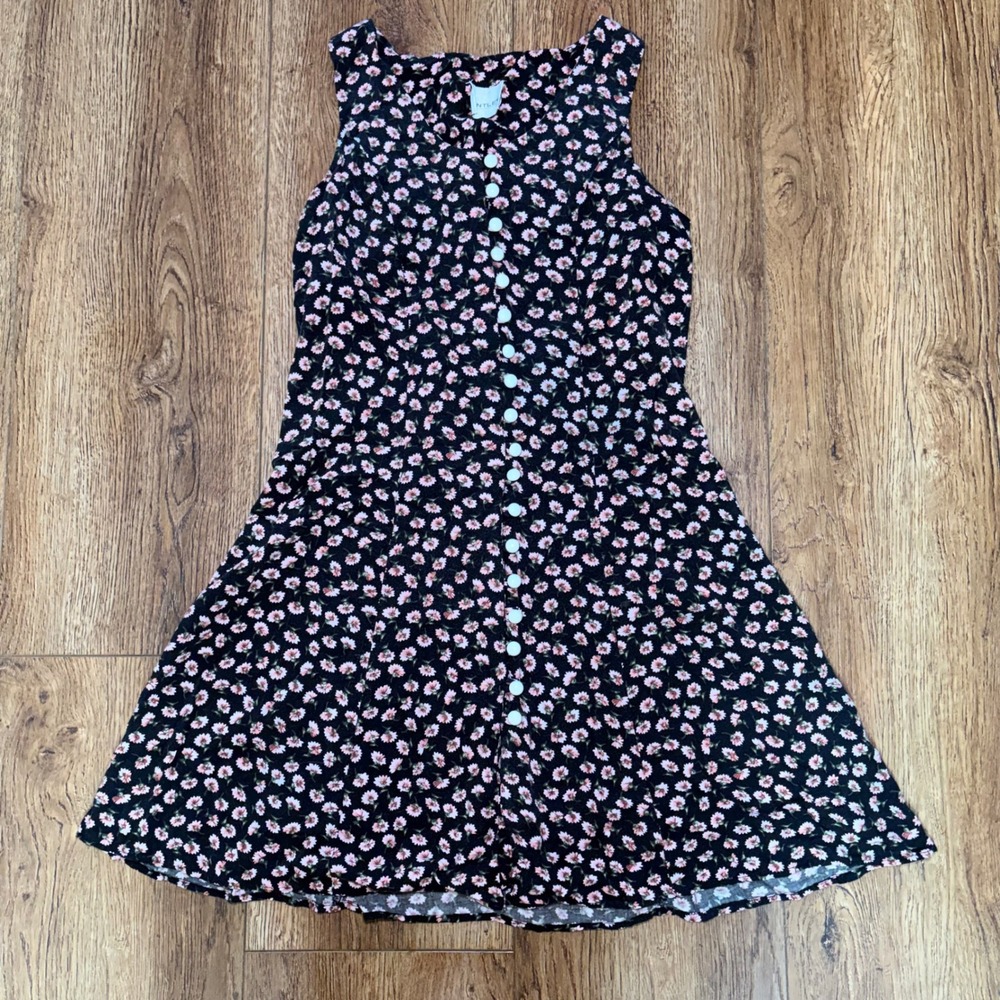 90s Bentley Button Front Mini Dress Black Pink Daisy Lace Up Back romantic small